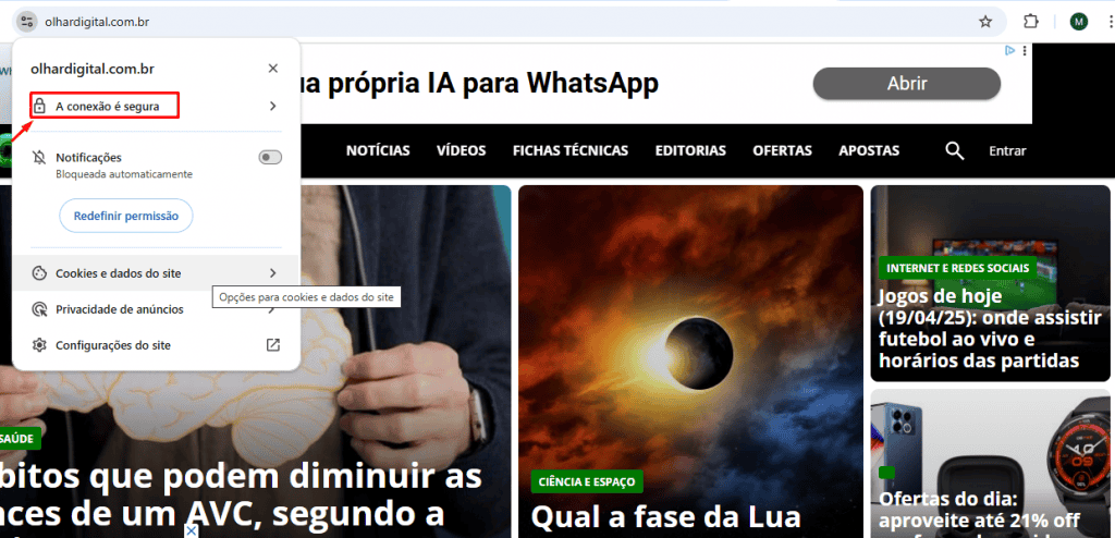 Captura de tela do site do Olhar Digital