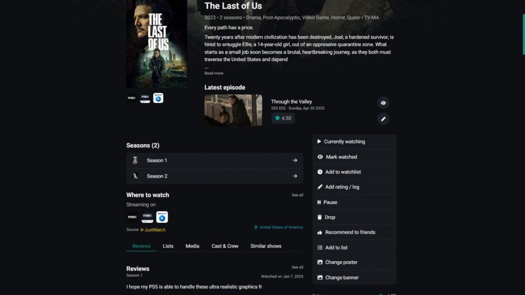 Site Serializd exibindo a organização para a série The Last of Us da HBO