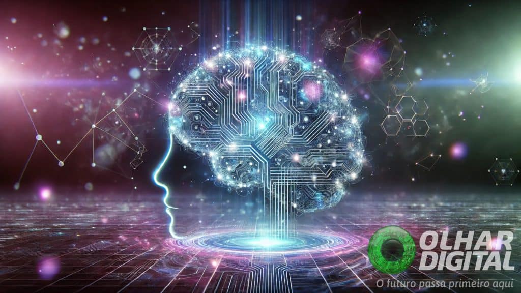Ilustração digital de de inteligência artificial em forma de um cérebro humano estilizado com circuitos eletrônicos brilhando em azul, flutuando em um ambiente surreal de grades quânticas e partículas entrelaçadas