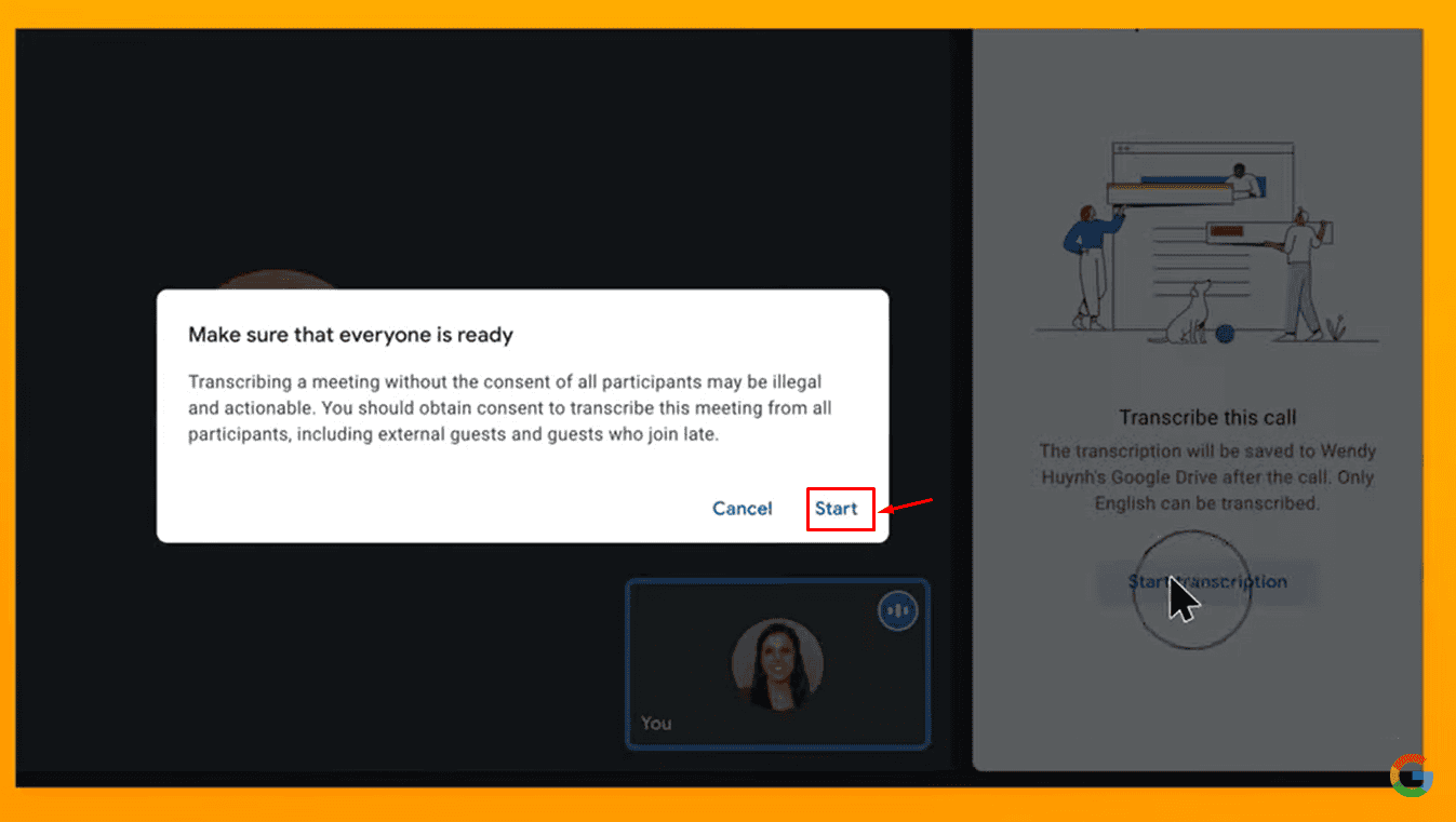 Passo 4 para ativar a transcrição no Google Meet
