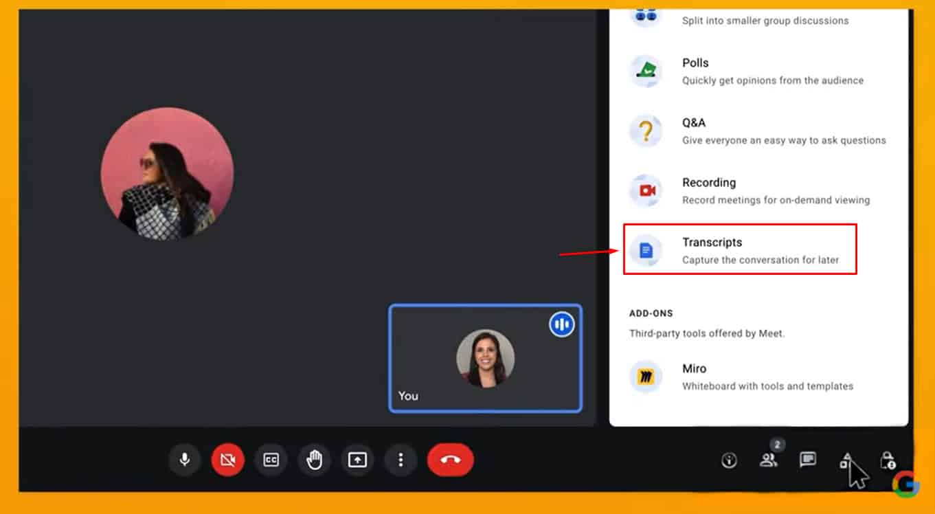 Passo 2 para ativar a transcrição no Google Meet