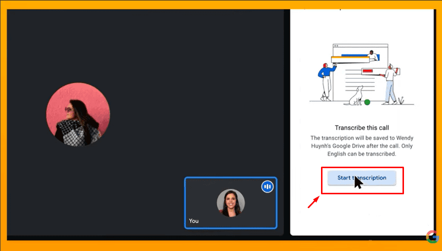 Passo 3 para ativar a transcrição no Google Meet