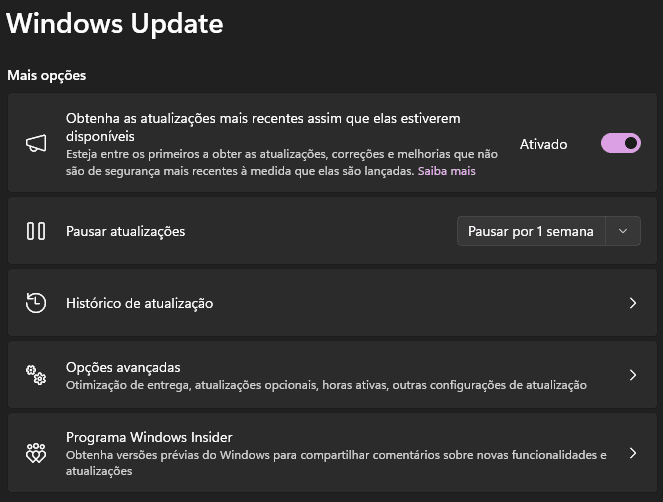 Setor de configuração de atualização do Windows em um PC