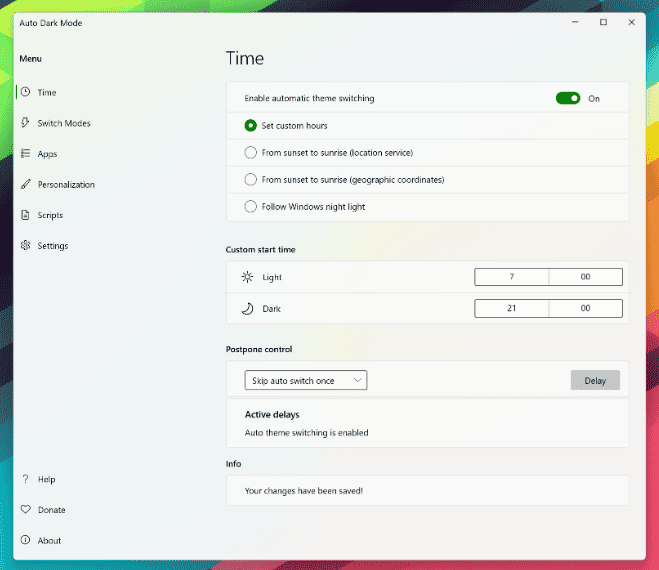 imagem mostra o setor de configuração do app AUTO DARK MODE