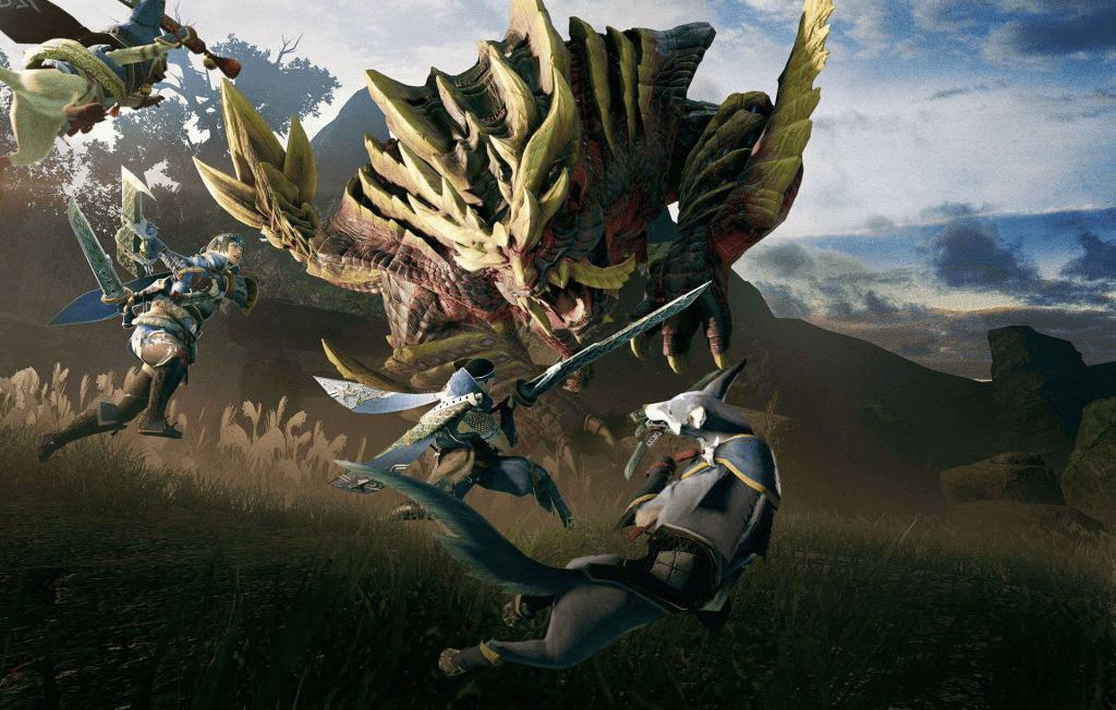 Imagem mostra um guerreiro e uma fera lutando lado a lado contra criaturas gigantescas nesta cena retirada do game "Monster Hunter Rise"