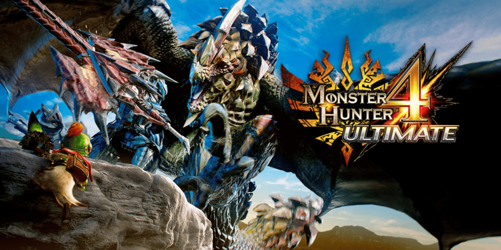 imagem do jogo "Monster Hunter 4 Ultimate" mostra criaturas grandes e poderosas lutando contra pequenos guerreiros