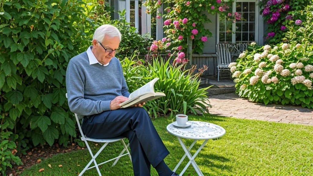 Um homem idoso lendo um livro no quintal em um dia claro e bonito, pacificamente com café ao lado dele em uma pequena mesa, tudo lindamente estampado ao seu redor.