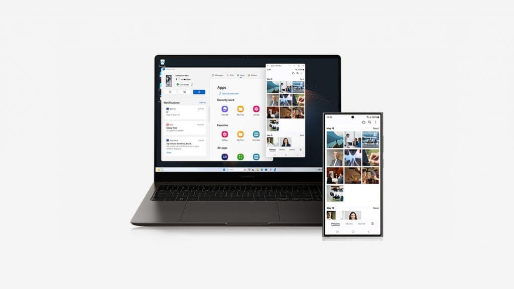 Montagem de celular e notebook com aplicativo do Samsung DeX para Windows aberto