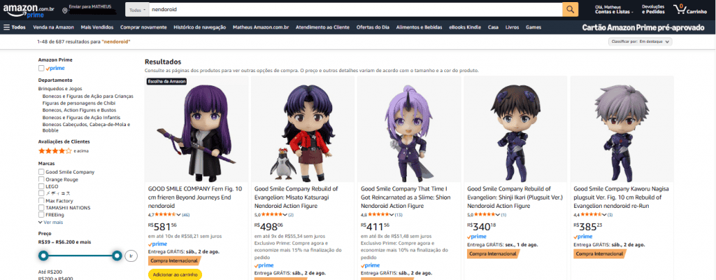Captura de tela mostrando os bonecos Nendoroid no site da Amazon