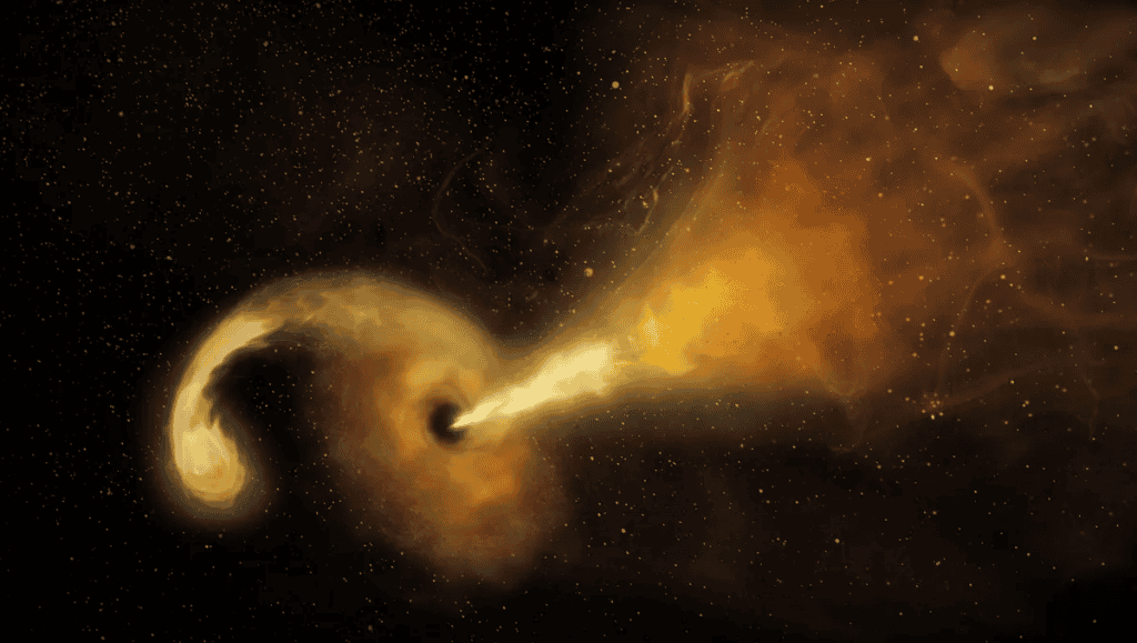 Ilustração de um buraco negro supermassivo devorando uma estrela