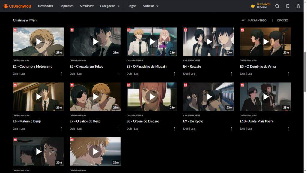 print da tela do crhunchyroll com os episodios do anime