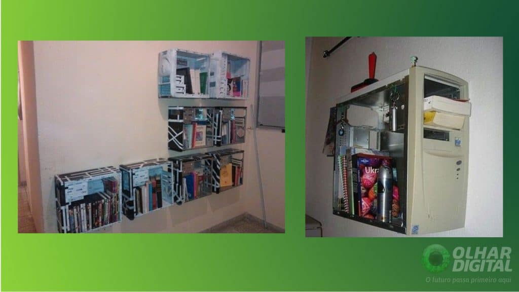 Prateleiras com equipamentos diversos.