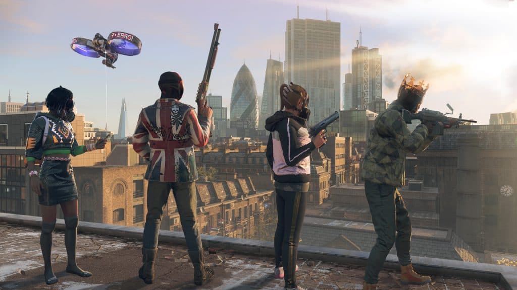 personagens armados olhando para a cidade