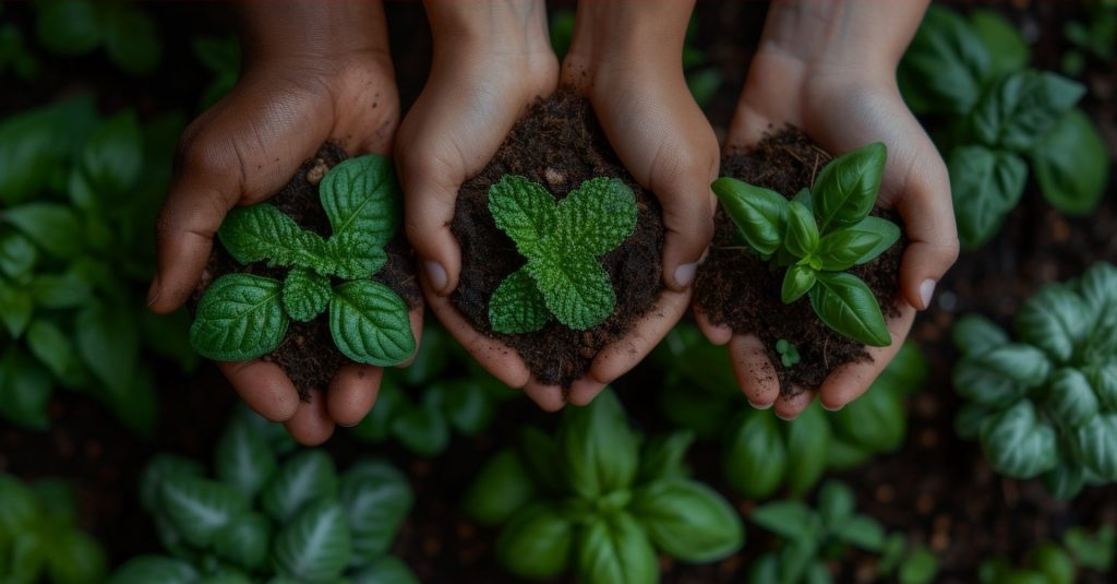 Mãos segurando plantas