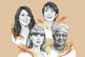 MacKenzie Scott, Taylor Swift, Sanae Takaichi, primeira-ministra do Japão, e Ngozi Okonjo-Iweala, diretora-geral da Organização Mundial do Comércio
