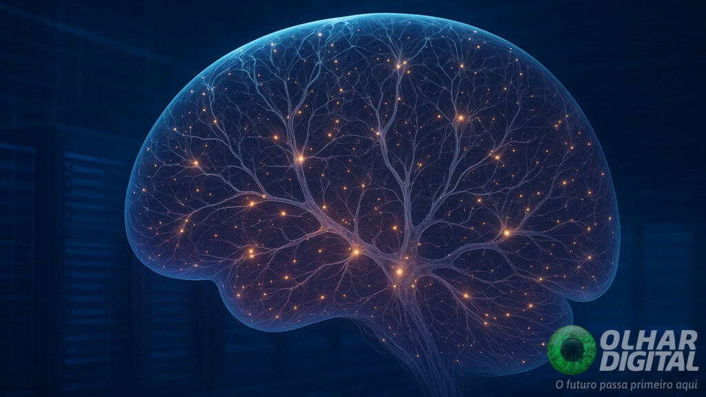 Ilustração de visão raio-x de cérebro mostrando neurônios em simulação num supercomputador