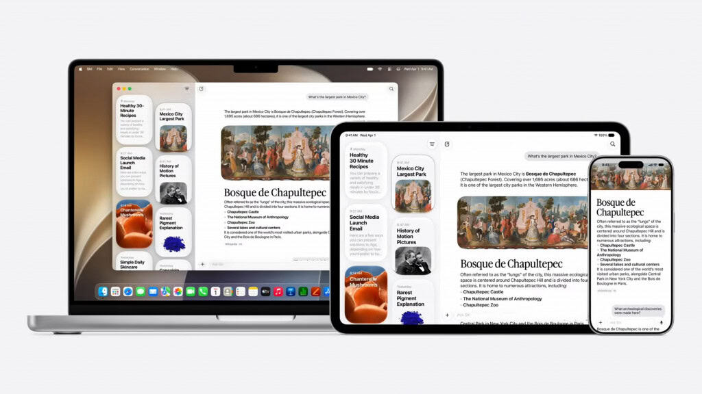 Montagem com aplicativo da Siri aberto em Mac, iPad e iPhone