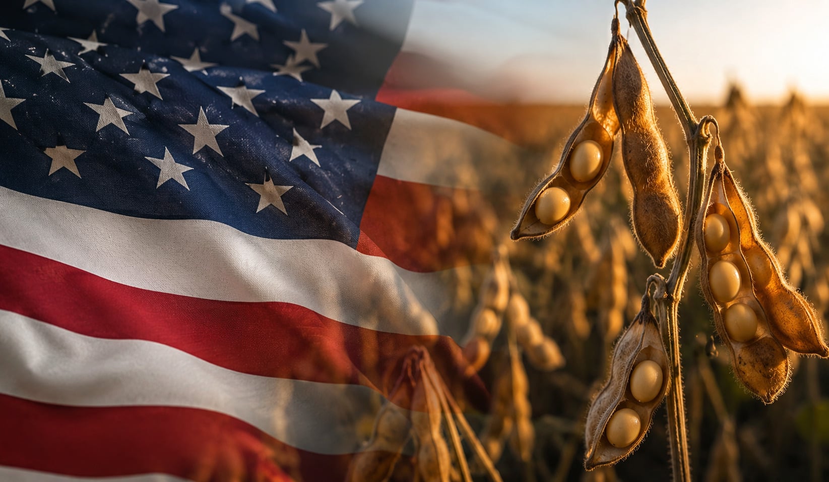 Imagem mostra bandeira dos Estados Unidos e lavoura de soja