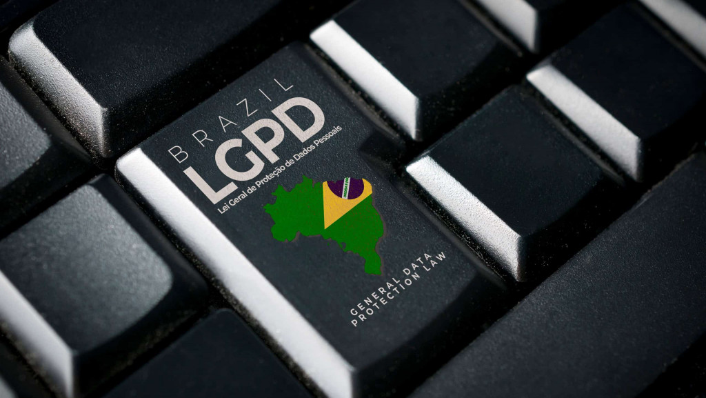 Tecla de teclado com a inscrição "LGPD" e referência à Lei Geral de Proteção de Dados Pessoais do Brasil.
