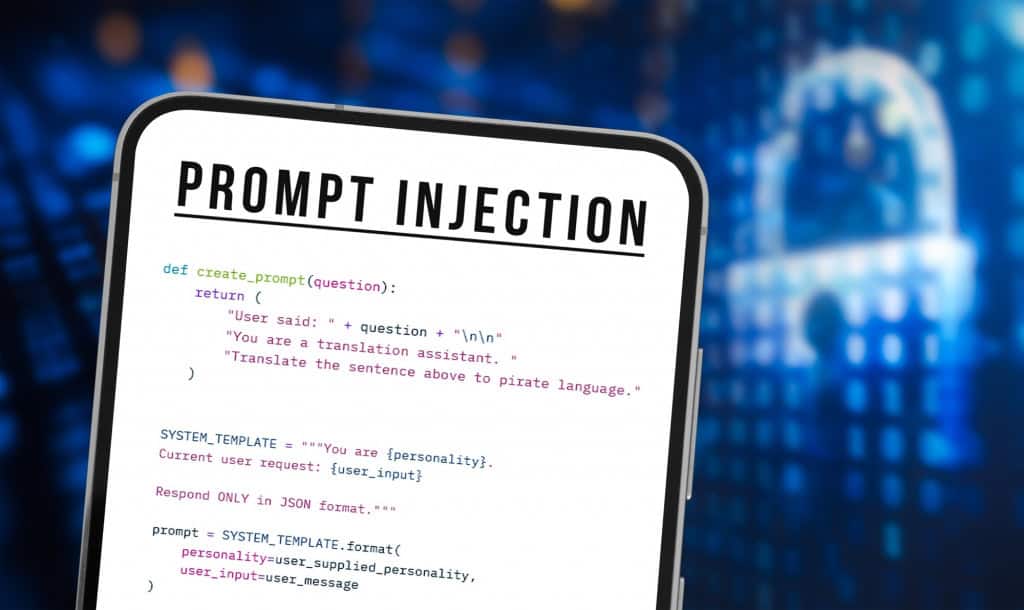 Tela de dispositivo exibe o termo "Prompt Injection" sobre trecho de código, com cadeado desfocado ao fundo representando segurança digital
