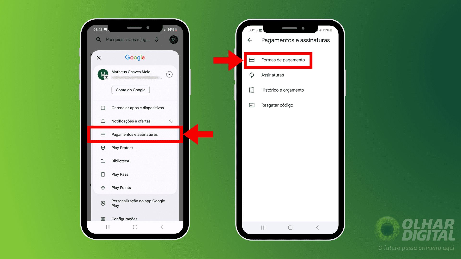 Segundo passo para cadastrar cartão de crédito na Play Store