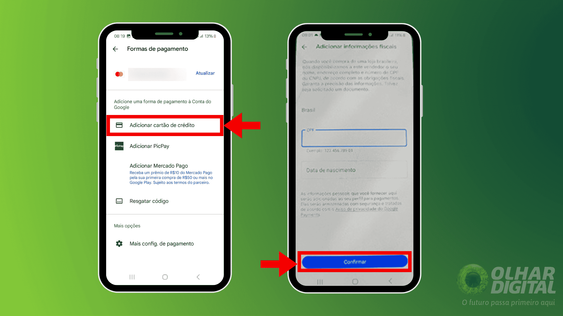 Terceiro passo para cadastrar o cartão de crédito na Play Store
