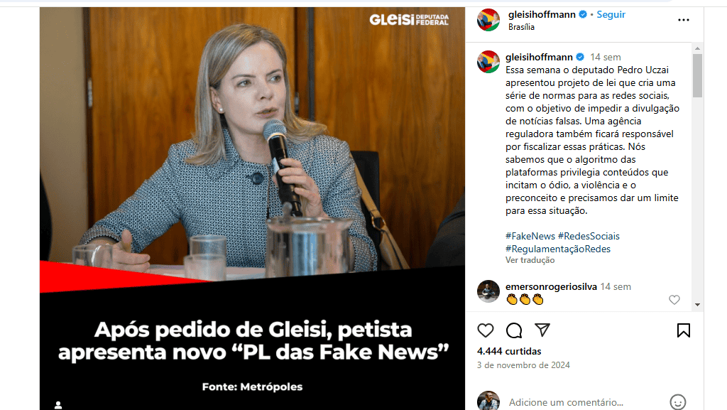 Postagem de Gleisi Hoffmann sobre regulamentação das redes sociais