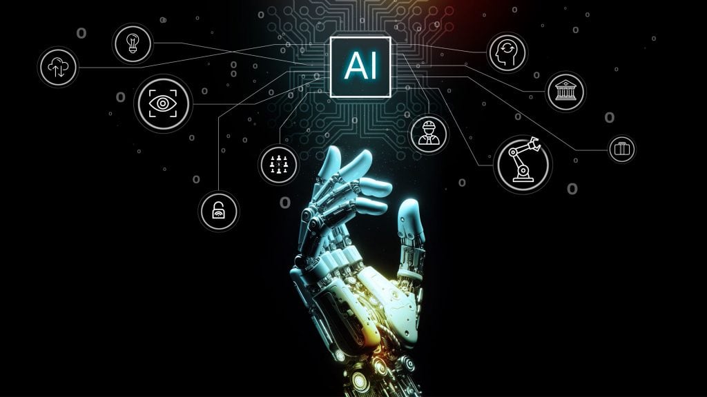 Ilustração digital de mão robótica com dedos para cima e, em cima dela, pequenos desenhos relacionados a inteligência artificial