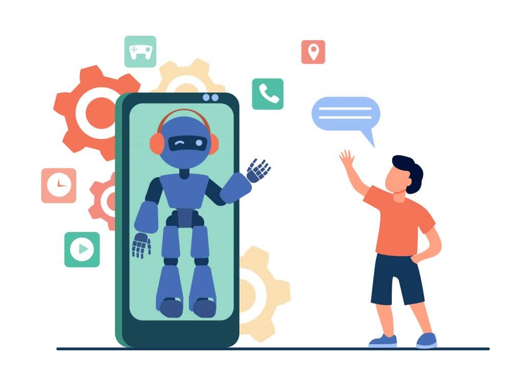 ilustração de pessoa falando com um robô dentro de um celular