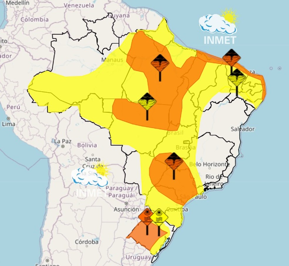 Áreas de 16 Estados do país estão em atenção com aviso laranja de perigo para chuvas intensas — Foto: Inmet/Reprodução