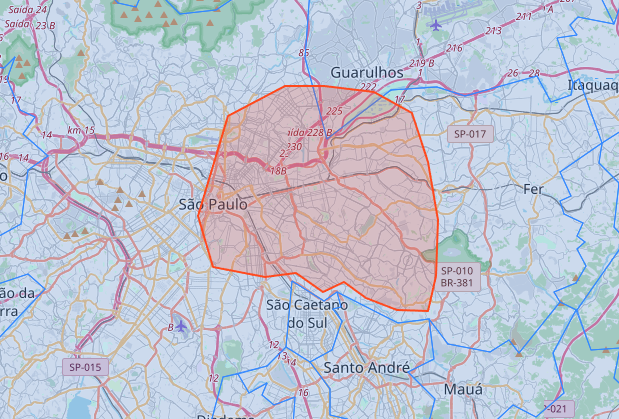Mapa que mostra, em laranja, a região com risco de alagamentos em São Paulo (SP)