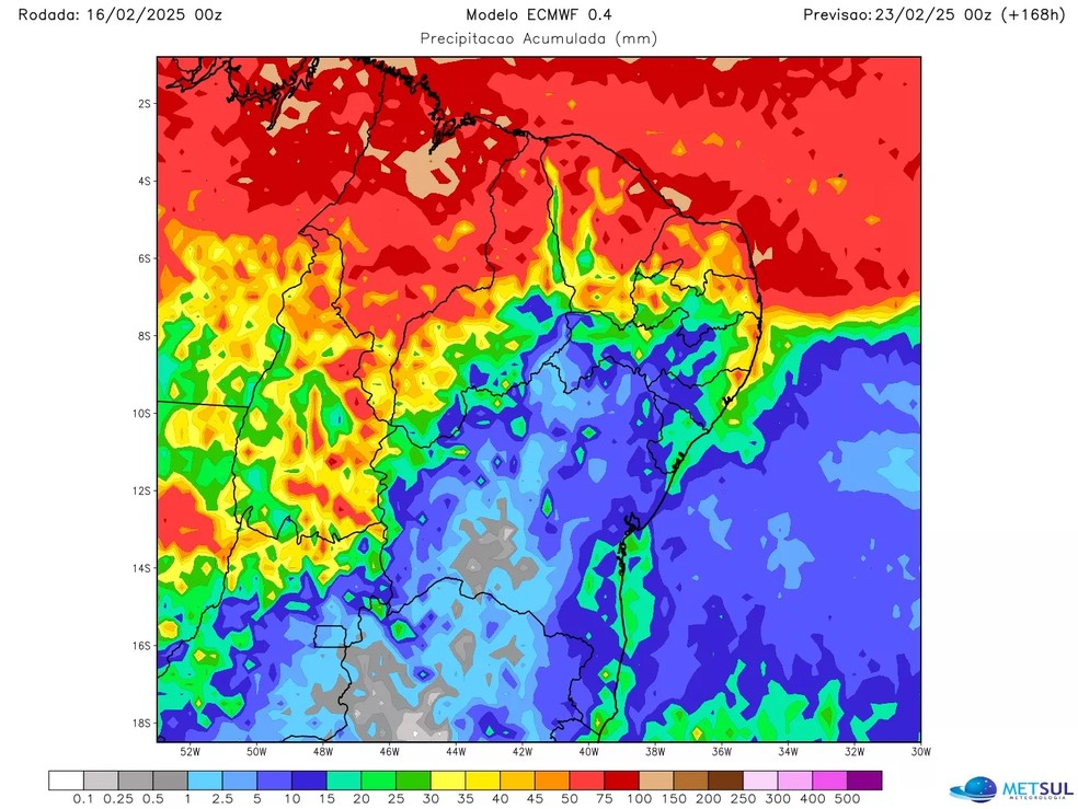 Projeção de chuva para a semana no Nordeste do modelo europeu — Foto: Metsul