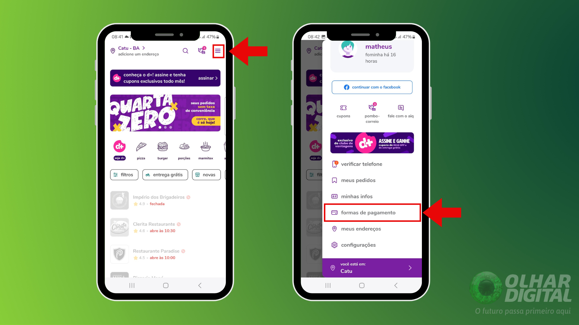 Passo 1 para adiconar cartão de crédito no aiqfome
