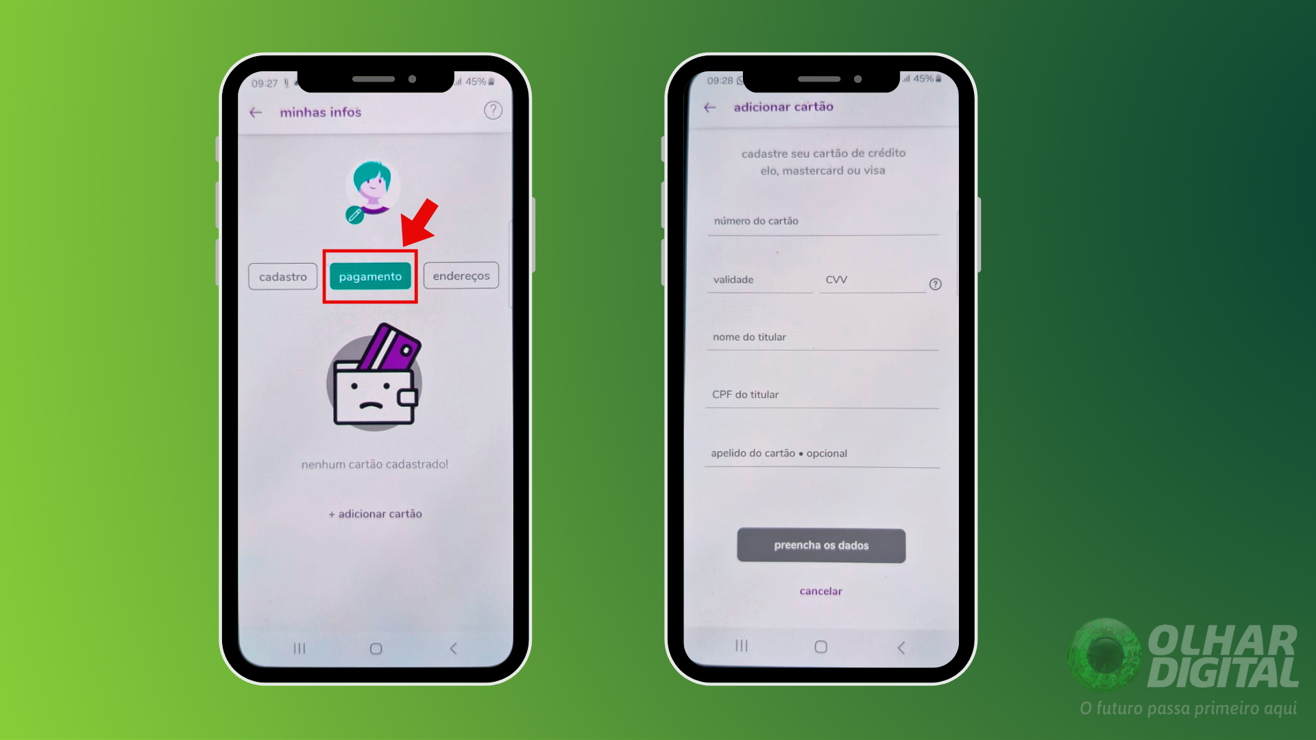 Passo 2 para adiconar cartão de crédito no aiqfome
