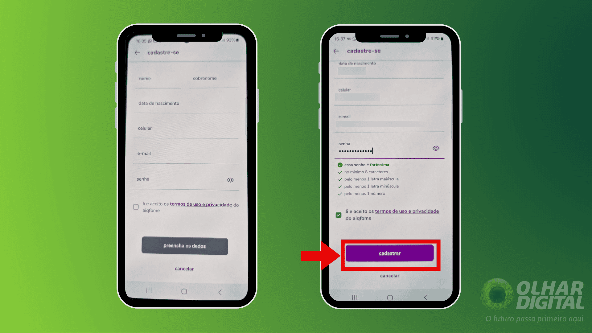 Passo 3 para criar conta no aiqfome