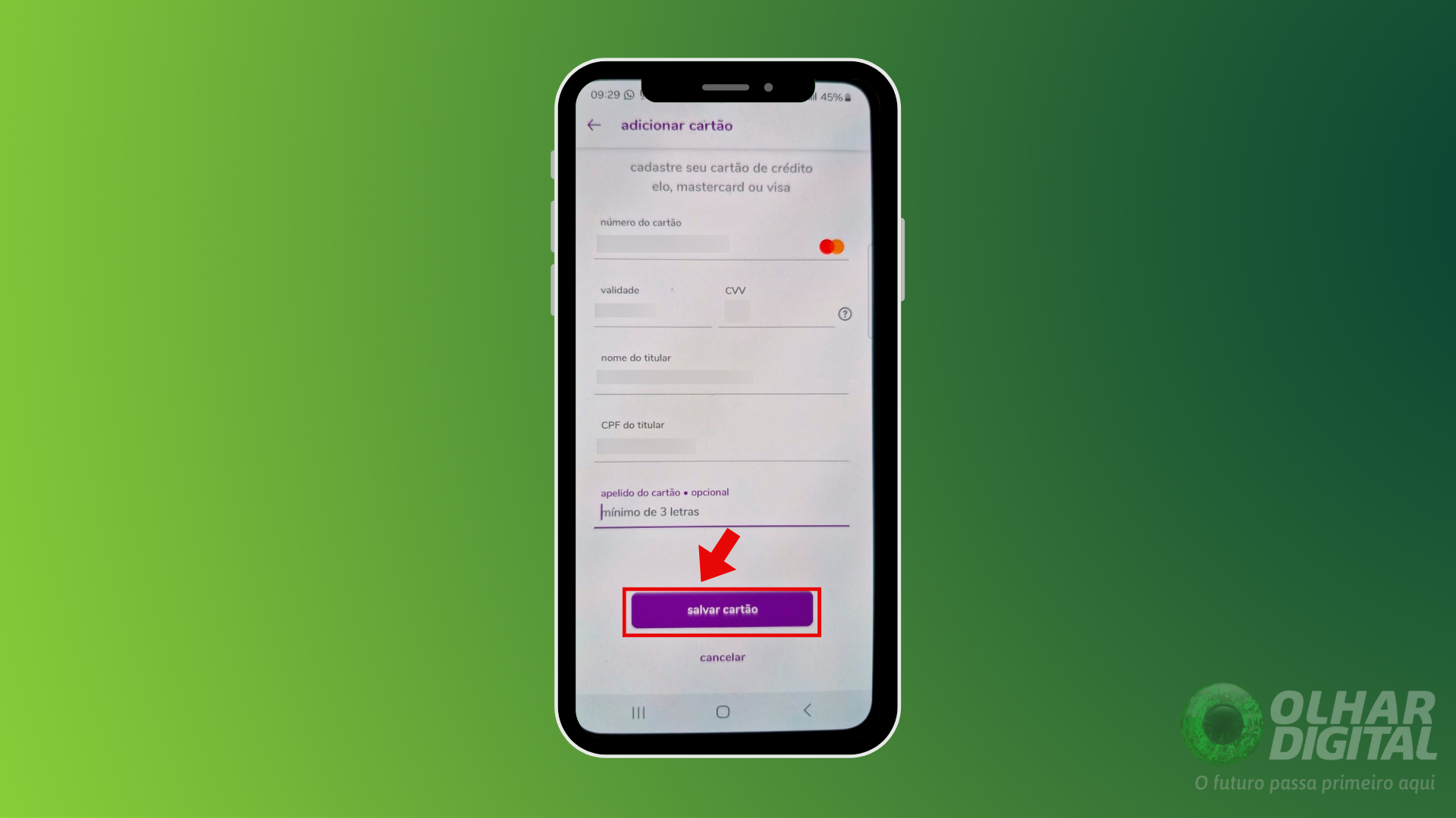 Passo 3 para adiconar cartão de crédito no aiqfome
