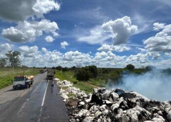 Bombeiros combatem incêndio em carreta na BR-020
