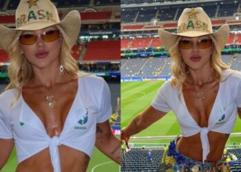 Virginia aposta em decote ousado e passa perrengue em estádio