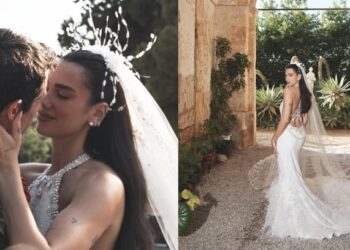 Dua Lipa revela fotos do casamento e vestido com 480 mil pérolas